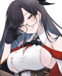  1girl adjusting_eyewear armpit_crease azur_lane bare_shoulders black_gloves black_hair black_ribbon blush breasts collared_dress dress dupleix_(azur_lane) gloves grin hair_ribbon hand_on_eyewear hand_up large_breasts long_hair looking_at_viewer mikuchi3939 mole mole_on_breast mole_under_eye parted_bangs parted_lips purple_eyes ribbon semi-rimless_eyewear sideboob simple_background sleeveless sleeveless_dress smile solo upper_body white_background white_dress yellow-framed_eyewear 