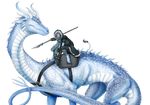  blue_eyes blue_scales blue_skin clothing cloven_hooves dragon equine feral harness hood hooves horn mammal melee_weapon odduckoasis polearm robe saddle scales scarf spear spikes unicorn unknown_species weapon white_scales 
