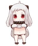 ankle_cuffs batta_(ijigen_debris) black_panties blush chibi closed_mouth collar cuffs dress dress_lift full_body headgear kantai_collection lifted_by_self long_hair looking_at_viewer metal_collar mittens navel northern_ocean_hime panties red_eyes shinkaisei-kan side-tie_panties silver_hair simple_background solo standing underwear white_background 