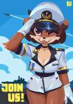 absurd_res aircraft airplane anthro artist_name belt big_breasts biped black_belt black_choker black_jewelry black_necklace blue_sky blush blush_lines breasts brown_body brown_fur brown_hair button_(fastener) choker cleavage clothed clothing cloud el-k female fur gesture gloves hair handwear hat headgear headwear hi_res jet jewelry mammal medal multicolored_body multicolored_fur mustelid name_tag navy_uniform necklace one_eye_closed open_mouth otter pearl_aurora salute ship short_hair short_sleeves sky smile solo tan_body tan_fur two_tone_body two_tone_fur vehicle watercraft yellow_eyes
