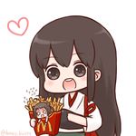  :d akagi_(kantai_collection) antenna_hair batta_(ijigen_debris) blank_eyes blush brown_eyes brown_hair chibi commentary_request double_bun eyebrows_visible_through_hair flying_sweatdrops food french_fries heart holding in_food japanese_clothes kantai_collection long_hair mcdonald's minigirl multiple_girls muneate naka_(kantai_collection) o_o open_mouth round_teeth scared simple_background smile teeth twitter_username upper_teeth white_background wristband 