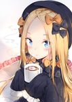  abigail_williams_(fate/grand_order) absurdres bangs black_bow black_dress black_hat blonde_hair blowing blue_eyes bow coffee coffee_mug commentary cup dress eyebrows_visible_through_hair fate/grand_order fate_(series) forehead frilled_pillow frills hair_bow hat highres holding holding_cup long_hair long_sleeves looking_at_viewer maya_g mug orange_bow parted_bangs pillow polka_dot polka_dot_bow sleeves_past_fingers sleeves_past_wrists solo steam very_long_hair 