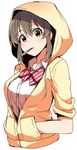  brown_eyes brown_hair dress_shirt hands_in_pockets hood hoodie hori_yuuko idolmaster idolmaster_cinderella_girls jacket keikesu necktie shirt sidelocks solo spoon spoon_in_mouth striped striped_neckwear yellow_jacket 