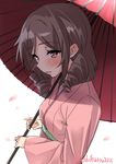  bangs blush brown_eyes brown_hair drill_hair ebifurya eyebrows_visible_through_hair harukaze_(kantai_collection) highres holding kantai_collection long_sleeves looking_at_viewer oriental_umbrella parted_lips side_drill simple_background solo twin_drills umbrella upper_body white_background 