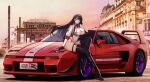  1girl absurdres azur_lane black_hair boots breasts car character_name cleavage copyright_name dupleix_(azur_lane) france gloves high_heel_boots high_heels highres kcar66t leotard license_plate long_hair looking_at_viewer montpellier motor_vehicle opera_comedie place_de_la_comedie product_placement race_queen real_world_location sitting_on_car sports_car thigh_boots vehicle_focus venturi venturi_400_gt vichya_dominion_(emblem) 