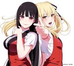  armpit_peek black_hair black_ribbon blonde_hair breasts eyebrows_visible_through_hair floating_hair hair_between_eyes hair_ribbon highres hime_cut index_finger_raised jabami_yumeko jacket jewelry kakegurui large_breasts long_hair looking_at_viewer medium_breasts multiple_girls nail_polish naomura_tooru official_art open_mouth outstretched_arm red_eyes red_jacket red_nails ribbon ring saotome_meari school_uniform shirt short_sleeves simple_background smile thumb_ring twintails upper_body very_long_hair white_background white_shirt yellow_eyes 