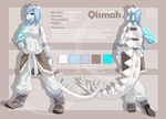  2012 anthro biped blue_eyes blue_hair character_name clothed clothing color_swatch digital_media_(artwork) dinosaur english_text female front_view fully_clothed grey_background grey_bottomwear grey_clothing grey_pants grey_topwear hair hand_on_hip lapres long_tail model_sheet multiple_angles pants qismah rear_view scales scalie short_hair simple_background solo spikes standing stegosaurus text white_scales white_tail 