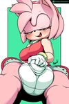  2017 amy_rose anthro argento border bulge clothed clothing dickgirl dress gloves green_eyes hair half-closed_eyes headband hedgehog hi_res intersex looking_at_viewer mammal open_mouth panties patreon pink_hair short_hair simple_background solo sonic_(series) underwear white_border 