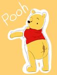  anthro bear black_nose bottomless character_name clothed clothing colored_sketch digital_drawing_(artwork) digital_media_(artwork) disney harara hi_res looking_back looking_down mammal outline pooh_bear raised_eyebrows simple_background solo standing stitches tearing teddy_bear winnie_the_pooh_(franchise) yellow_background yellow_body 