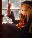  abigail_williams_(fate/grand_order) bangs black_bow black_dress black_hat blonde_hair blue_eyes blurry blurry_foreground blush bow closed_mouth commentary_request depth_of_field dress fate/grand_order fate_(series) forehead hair_bow hanged hat long_hair long_sleeves looking_at_viewer lucy_(rusi-juren328) noose orange_bow parted_bangs polka_dot polka_dot_bow rope sitting sleeves_past_fingers sleeves_past_wrists solo stuffed_animal stuffed_toy teddy_bear very_long_hair window 