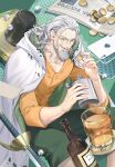  1boy alcohol beard cape card coin commentary_request cup dice facial_hair glasses green_pants hip_flask holding holding_coin hood hooded_cape long_sleeves male_focus medium_hair mustache_stubble newspaper one_piece orange_shirt pants scar scar_across_eye shirt silvers_rayleigh smile solo stubble sword weapon white_cape white_hair yoshicha 