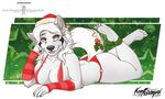  2017 anthro breasts canine christmas clothing female fur hair hat holidays holly_(plant) kanutwolfen leona_rossengard_(character) lingerie lying mammal panties plant santa_hat solo underwear white_fur white_hair wolf 