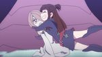  2girls angry animated brown_hair hair_over_one_eye high_heel_boots hugging kagari_atsuko little_witch_academia long_hair multiple_girls sucy_manbavaran 