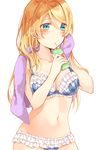  ayase_eli blonde_hair blue_eyes blush bra drinking_straw highres juice_box lace lace-trimmed_bra lace-trimmed_panties long_hair looking_at_viewer love_live! love_live!_school_idol_project mogu_(au1127) navel panties plaid plaid_bra plaid_panties simple_background solo stomach towel towel_around_neck underwear underwear_only white_background 