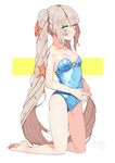  absurdres artist_name bad_id bad_pixiv_id bangs bare_legs bare_shoulders blonde_hair blue_swimsuit blush breasts closed_mouth collarbone commentary_request eyebrows_visible_through_hair fate/grand_order fate_(series) highres kneeling light_smile long_hair looking_at_viewer marie_antoinette_(fate/grand_order) marie_antoinette_(swimsuit_caster)_(fate) one-piece_swimsuit petite shiny shiny_hair sidelocks signature simple_background small_breasts smile soles solo swimsuit thighs uni_(melm) very_long_hair white_background 