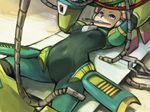  1girl android blonde_hair blue_eyes bodystocking bodysuit breasts cable capcom covered_navel lying monkey_wrench navel robot_girl rockman rockman_x rockman_x8 small_breasts solo wire working wrenchrnckotnha 