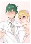  1girl akizuki_kouyou bare_shoulders blazer blend_s blonde_hair blue_eyes breast_grab breasts bride carrying choker cleavage closed_mouth commentary_request couple covered_navel dress elbow_pads english flower grabbing green_eyes green_hair groom hair_flower hair_ornament half-closed_eyes highres hinata_kaho jacket jewelry looking_away medium_breasts necktie nervous nervous_smile princess_carry ring sherryqq shy sparkle tuxedo twintails wavy_mouth wedding wedding_dress white_dress white_flower 