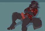  2017 animal_genitalia animal_penis anthro balls bottomless canine canine_penis clothed clothing crossed_arms digital_media_(artwork) dress_shirt erection fur hair knot male mammal penis reclining shirt simple_background smile solo teeth vurrus wolf 