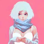  blue_eyes breasts cleavage dress face ilya_kuvshinov lips long_sleeves looking_at_viewer medium_breasts off_shoulder original pink_background scarf short_hair simple_background solo upper_body white_dress white_hair 