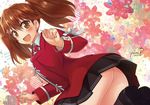  ass black_skirt brown_eyes brown_hair fang japanese_clothes jewelry kantai_collection kariginu long_hair magatama open_mouth pleated_skirt red_shirt ring ryuujou_(kantai_collection) shirt skirt smile solo twintails wedding_band yumi_yumi 