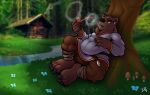 5_fingers 5_toes anthro barefoot bear bjorn_twopaw black_nose bottomwear brown_body brown_bottomwear brown_clothing brown_fur brown_pants cheek_tuft claws clothed clothing creek ear_piercing ear_ring facial_tuft feet fingers flower forest forest_background fungus fur grass hand_on_belly head_tuft holding_object holding_pipe leaning leaning_against_tree leaning_backward male mammal mushroom nature nature_background overweight overweight_anthro overweight_male pants piercing plant ring_piercing saylir shirt smoke smoke_ring smoking smoking_pipe solo toes topwear tree tuft tunic white_clothing white_shirt white_topwear white_tunic