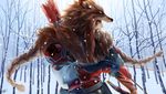  arrow beard bow_(weapon) brown_eyes brown_hair facial_hair from_side hanzo_(overwatch) holding japanese_clothes lone_wolf_hanzo long_hair long_sleeves looking_away male_focus miringx2 outdoors overwatch pelt ponytail quiver signature snow snowing solo upper_body weapon wolf_pelt 