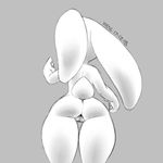  2017 anthro butt digital_media_(artwork) female floppy_ears grey_background lagomorph mammal monochrome nude pussy rabbit simple_background solo thick_thighs wide_hips xylas 