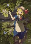  1girl 2boys absurdres apron barefoot belt blonde_hair blue_dress blue_eyes bow bug building butterfly commentary dress elbow_gloves firefly flower frilled_apron frilled_dress frills gloves hat hat_bow highres holding holding_flower in_tree kana_anaberal leaf medium_hair multiple_boys night outdoors pants parted_lips puffy_short_sleeves puffy_sleeves red_bow shirt shoes short_sleeves sitting sitting_in_tree solo_focus star_(sky) sun_hat touhou touhou_(pc-98) tree waist_apron white_gloves yazato_ichimushi 