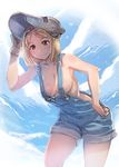  arm_up armpits bangs bare_arms bare_shoulders bent_over blonde_hair blue_sky blush bow_(bhp) breasts brown_eyes brown_gloves cleavage closed_mouth cloud collarbone contrapposto cowboy_shot day djeeta_(granblue_fantasy) from_below gloves granblue_fantasy hairband large_breasts leaning_forward looking_at_viewer mechanic_(granblue_fantasy) medium_breasts naked_overalls overalls parted_bangs red_hairband short_hair single_glove sky smile solo standing tareme welding_mask 
