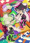  2girls ankle_boots aori_(splatoon) arm_around_waist black_dress black_footwear black_hair black_jumpsuit boots brown_eyes chibi copyright_name cousins detached_collar domino_mask dress fangs food food_on_head foreshortening green_legwear grey_hair hotaru_(splatoon) long_hair looking_at_another mask mole mole_under_eye multicolored multicolored_background multiple_girls object_on_head open_mouth pantyhose pointy_ears pokemon reaching short_dress short_hair short_jumpsuit side-by-side smile splatoon_(series) splatoon_1 standing strapless strapless_dress sushi tentacle_hair wong_ying_chee 