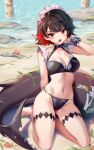  1girl alternate_costume arm_behind_back beach bikini black_bikini black_hair black_panties black_wrist_cuffs candy commentary crab day ellen_joe fins fish_tail food food_in_mouth full_body hand_up highres light_blush lollipop looking_at_viewer midriff multicolored_hair navel open_mouth outdoors paid_reward_available panties red_eyes red_hair rimuu seiza shark_girl shark_tail sitting solo stomach swimsuit tail thighs two-tone_hair underwear water white_headdress wrist_cuffs zenless_zone_zero 