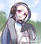  :d blue_sky blurry blurry_background blush cloud commentary_request day depth_of_field disco_brando forehead giant_penguin_(kemono_friends) gloves grey_hair head_tilt headphones highres hood hood_down hoodie kemono_friends long_hair looking_at_viewer open_mouth outdoors pink_eyes round_teeth sky smile solo teeth tree twitter_username upper_body 