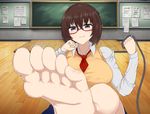  1girl barefoot blue_eyes breasts brown_hair chalkboard classroom feet glasses large_breasts leash looking_at_viewer one_leg_raised pov pov_feet short_hair smile soles toes 