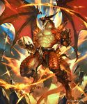  abs anthro armor belt claws clothed clothing dragon explosion flying glowing glowing_eyes horn invalid_tag koutanagamori loincloth male muscular muscular_male open_mouth partially_clothed pecs red_scales roaring scales solo spines wings 