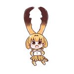  :d bangs batta_(ijigen_debris) blonde_hair blush bow bowtie brown_eyes chibi commentary elbow_gloves eyebrows_visible_through_hair full_body gloves kemono_friends looking_at_viewer open_mouth orange_gloves orange_hair orange_legwear serval_(kemono_friends) shirt short_hair simple_background sleeveless sleeveless_shirt smile solo stag_beetle standing thighhighs upper_teeth white_background white_shirt 