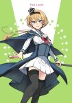  1girl annin_musou black_hairband black_thighhighs blonde_hair blue_capelet blue_eyes blue_overskirt bow bowtie breasts capelet character_name crown dress feet_out_of_frame flower garter_straps green_background hair_between_breasts hairband kantai_collection low_ponytail mini_crown red_bow red_bowtie red_flower red_ribbon red_rose ribbon rose scepter small_breasts solo thighhighs two-tone_background v-shaped_eyebrows valiant_(kancolle) white_dress 
