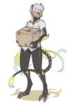  2_toes 4_fingers animal_humanoid black_scales box carrying clothed clothing elbow_fin exoskeleton fangs gemskull grey_hair hair humanoid hybrid male megami_tensei monster multi_tail pants persona scales shirt simple_background solo tan_skin toes unknown_species yellow_scales yu_narukami 