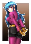  1girl arms_behind_back artist_request ass blue_hair blush breasts from_behind gloves jacket king_of_fighters kula_diamond long_hair looking_at_viewer medium_breasts pants purple_eyes shiny shiny_hair sideboob smile snk solo the_king_of_fighters 