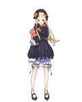  abigail_williams_(fate/grand_order) absurdres bangs black_bow black_dress black_footwear black_hat blonde_hair bloomers blue_eyes bow bug butterfly dress eyebrows_visible_through_hair fate/grand_order fate_(series) forehead hair_bow hat highres insect long_hair long_sleeves looking_at_viewer object_hug open_mouth orange_bow parted_bangs polka_dot polka_dot_bow shoes simple_background sleeves_past_wrists solo standing stuffed_animal stuffed_toy teddy_bear teshima_nari underwear very_long_hair white_background white_bloomers 