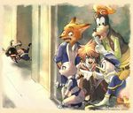  4boys artist_name brown_hair crossover donald_duck finger_to_mouth furry goofy heartless judy_hopps king_gidora kingdom_hearts kingdom_hearts_iii multiple_boys nick_wilde one_knee police police_uniform shushing sora_(kingdom_hearts) spiked_hair uniform zootopia 