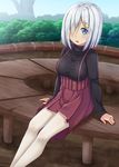  alternate_costume bench black_sweater blue_eyes commentary_request gurande_(g-size) hair_ornament hair_over_one_eye hairclip hamakaze_(kantai_collection) highres kantai_collection looking_at_viewer open_mouth overalls pantyhose park_bench red_skirt short_hair sitting skirt solo sweater white_hair white_legwear 