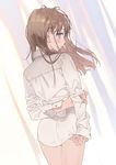  ass bangs blue_eyes blush brown_hair closed_mouth commentary_request curtains day dress_shirt eyebrows_visible_through_hair from_behind highres indoors long_hair looking_at_viewer looking_back noco_(adamas) original profile shirt sleeves_past_wrists solo thighs white_shirt 