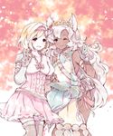  :d animal_ears blonde_hair blush bracelet closed_mouth commentary commission dark_skin djeeta_(granblue_fantasy) dress flower gauntlets gloves granblue_fantasy green_eyes hair_flower hair_ornament hairband hand_up head_wreath jewelry long_hair multiple_girls nemone one_eye_closed open_mouth peachpii pink_hairband pink_skirt pleated_skirt puffy_short_sleeves puffy_sleeves short_sleeves shoulder_armor silver_hair skirt smile spaulders standing thighhighs underbust w yellow_eyes 