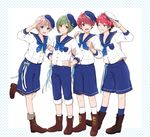  ;d a3! blue_background blue_eyes blue_legwear boots brown_eyes cosplay eighth_note ensemble_stars! hands_on_hips hat looking_at_viewer male_focus multiple_boys musical_note nanao_taichi one_eye_closed open_mouth orange_eyes polka_dot polka_dot_background rabbits_(ensemble_stars!) rurikawa_yuki sailor_collar sailor_hat sakisaka_muku sakuma_sakuya salute shorts smile socks white_legwear 