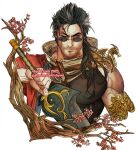  1boy arm_sling armor auron black_hair black_shirt cherry_blossoms english_commentary facial_hair final_fantasy final_fantasy_x holding holding_sword holding_weapon male_focus muscular muscular_male one_eye_closed scar scar_across_eye shirt single_bare_arm sunglasses sword veins vhyrel weapon white_background 