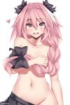  :d astolfo_(fate) black_bow black_skirt bow commentary covering covering_chest eyebrows_visible_through_hair fang fate/apocrypha fate_(series) groin hair_between_eyes hair_bow hair_ribbon heart highres kanachirou long_hair looking_at_viewer male_focus multicolored_hair navel no_panties open_mouth otoko_no_ko pink_hair pleated_skirt pulled_by_self purple_eyes ribbon shirtless skirt skirt_pull smile solo streaked_hair tress_ribbon twitter_username upper_body 