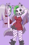  1girl absurdres animal_ear_piercing animal_ears boots breasts cleavage commentary_request cowboy_shot dress earrings extra_ears fishnet_pantyhose fishnets five_nights_at_freddy&#039;s five_nights_at_freddy&#039;s:_security_breach from_behind grey_hair highres humanization jewelry large_breasts long_hair minami_(mnm-kyk) multicolored_hair multiple_views open_mouth pantyhose ponytail punk purple_background red_dress roxanne_wolf_(fnaf) standing streaked_hair tail upper_body wolf_ears wolf_girl wolf_tail 