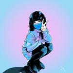  absurdres bangs black_hair blue_mask blue_sweater blunt_bangs commentary_request full_body gradient gradient_background highres long_hair long_sleeves original sergey_orlov signature solo squatting surgical_mask sweater v 