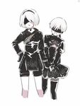  1girl black_blindfold blindfold choker cosplay costume_switch crossdressing dress embarrassed gloves gyullim highres nier_(series) nier_automata short_hair shorts simple_background sketch skirt sweatdrop white_background yorha_no._2_type_b yorha_no._2_type_b_(cosplay) yorha_no._9_type_s yorha_no._9_type_s_(cosplay) 
