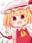  :d arm_up batta_(ijigen_debris) blonde_hair blush chibi commentary_request eyebrows_visible_through_hair fang flandre_scarlet hat looking_at_viewer mob_cap open_mouth pink_hat red_eyes red_vest smile solo touhou upper_body v vest wings wristband 
